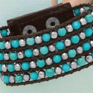 Premier Designs Turquoise Silver Beaded Brown Leather Snap Closure Bracelet